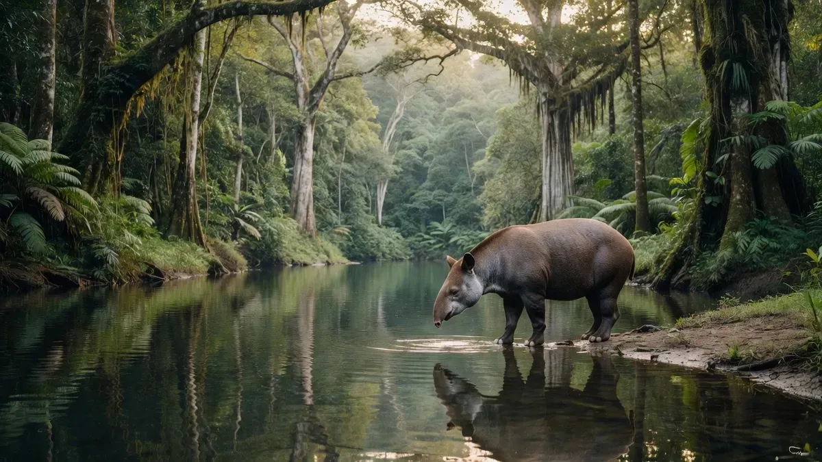 Baird's tapir standing at the edge of a Costa Rican rainforest river inside Corcovado National Park — a flagship wildlife sighting on guided park tours from Drake Bay and Puerto Jimenez, Osa Peninsula