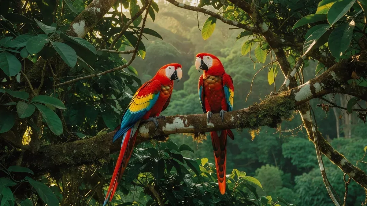 Pair of scarlet macaws perched in a rainforest tree at San Pedrillo Station inside Corcovado National Park — a regular sighting on guided Corcovado national park tours from Uvita and Drake Bay, Costa Rica