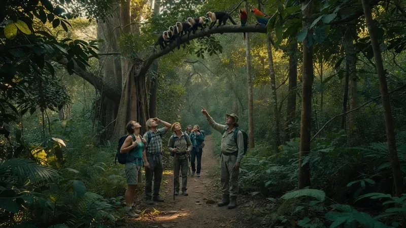 Small group of tourists with a bilingual naturalist guide on the rainforest trails of Corcovado National Park at San Pedrillo station, scarlet macaws visible in the canopy on a full-day Corcovado national park tour from Uvita, Costa Rica