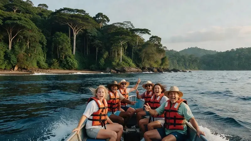 Tour group on a morning boat ride from Drake Bay along the Osa Peninsula coast heading to Sirena Station in Corcovado National Park, Costa Rica — howler monkeys visible in the treeline on shore
