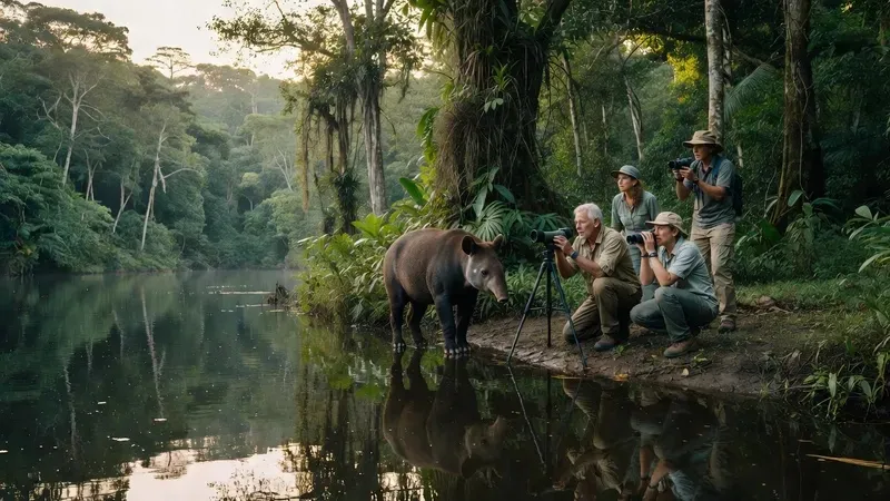 Small group of 6 tourists with a certified naturalist guide photographing a Baird's tapir at close range on the Sirena trails of Corcovado National Park, departing from Puerto Jimenez, Costa Rica