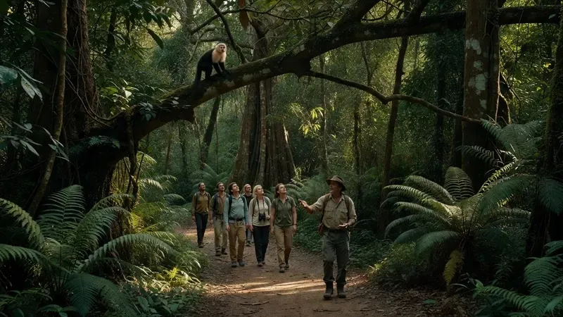 Small group tour at Sirena Station inside Corcovado National Park, Costa Rica — guide pointing out a group of howler monkeys in the primary forest canopy on a Drake Bay Corcovado national park tour