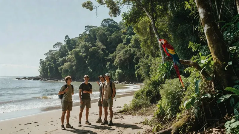 Guide pointing out a scarlet macaw perched in a rainforest tree to tourists on a Corcovado National Park day trip by boat from Uvita, Costa Rica — tapir footprints visible on the trail below
