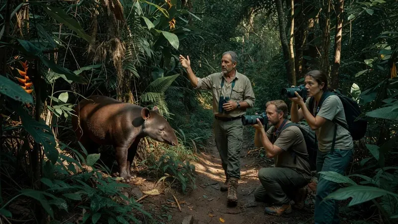 Couple with a private naturalist guide photographing a Baird's tapir at close range on a private Corcovado National Park tour from Uvita, Costa Rica — San Pedrillo rainforest trails, Osa Peninsula
